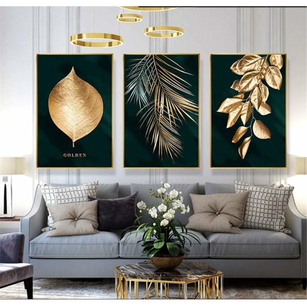 Set med 3 skogsguld blad palmträd mönster design vägg affischer oramad väggdekor för vardagsrum (ram ingår ej)