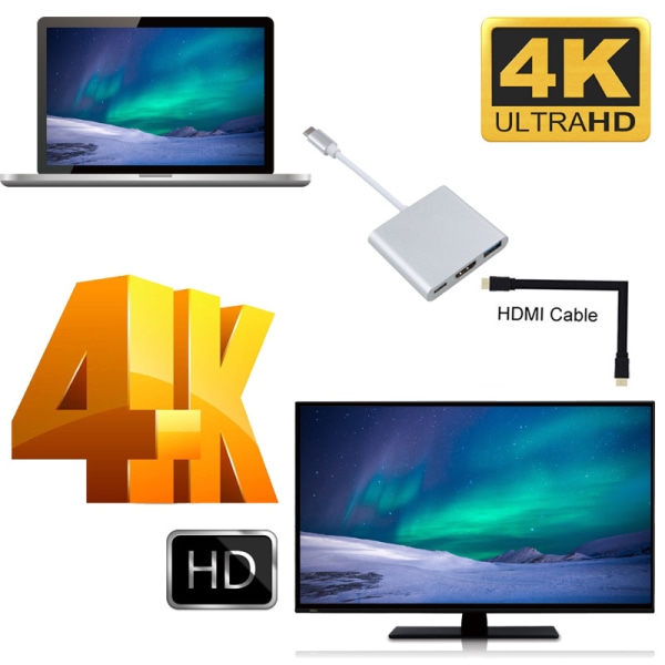 Typ-c till hdmi 4kusb3.0PD omvandlare hdmi till typ-c tre i ett Silver