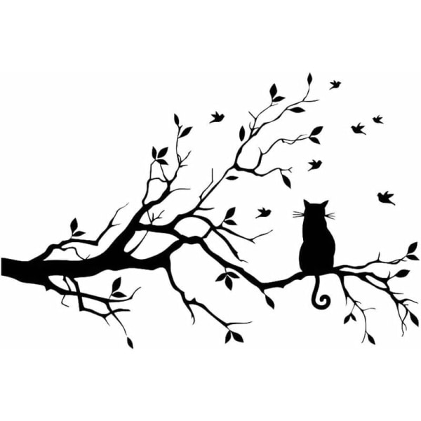 Grenar med löv och katt väggklistermärken avtagbara vinylfågel självhäftande klistermärke dekor för hemrumsdekorationer svart