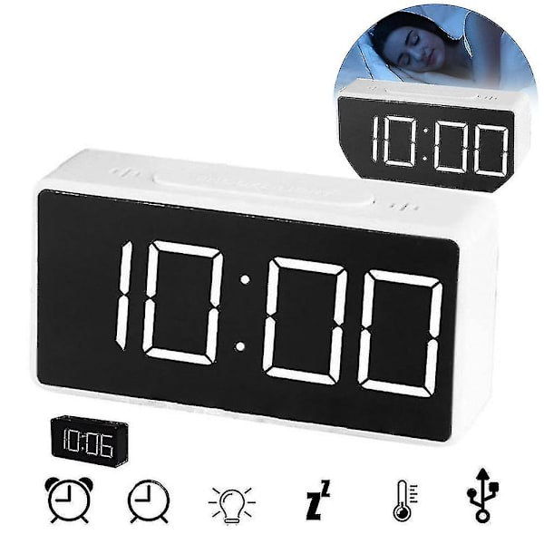 Digitalt LED-vækkeur med stort display, spejl, elektronisk vækkeur, tid (hvid)