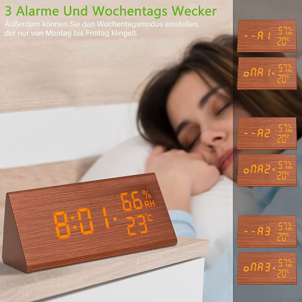 Trädigital väckarklocka, träväckarklocka med 3 larminställningar, LED elektronisk väckarklocka med tid och temperatur, ljudkontroll, snooze-funktion