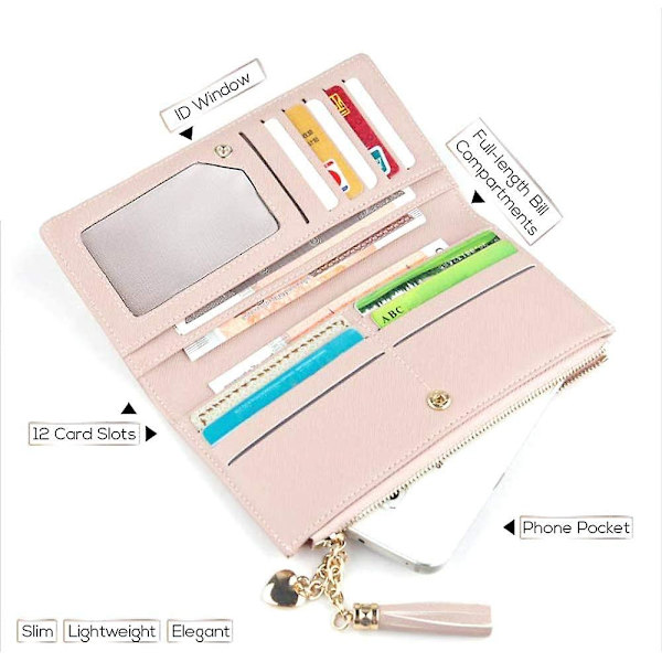 Slanke Punge til Kvinder Damer Læder Tynd Clutch Zip Pung Telefonpung Kort Holder Organizer Kvast(pink)
