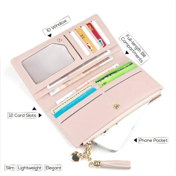 Smal plånbok för kvinnor, damer läder tunn koppling dragkedja plånbok telefon plånbok kortfodral arrangör tofs (rosa)
