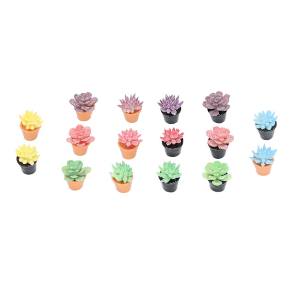 16 stk. dukkehuspotteplanter i harpiks, 1:12 skala, naturtro utseende, levende, rike farger, miniatyrplanter for 1:12 dukkehus