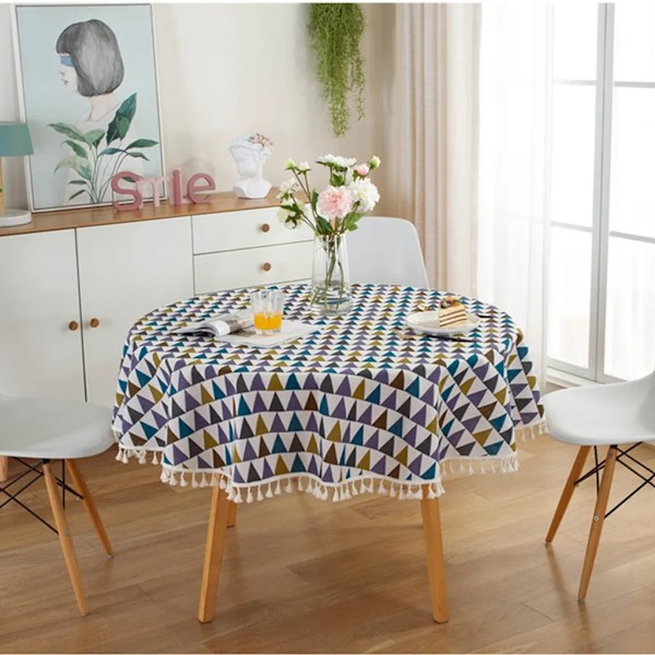 120 cm tofsgard duk med tofsar, rund duk gjord av polyester bomull, för matbord, soffbord, trädgårdsbord (flerfärgat triangelmönster)