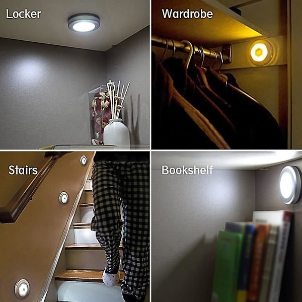 Nattlampa med rörelsesensor inomhus, LED-rörelsesensor batteridriven lampa för trappor, LED-belysning automatisk på/av 3m självhäftande (6 st, kallvitt)