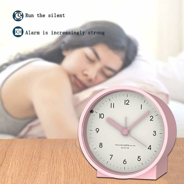 Batteridriven analog väckarklocka, tyst, icke-tickande, ökande pip, snooze-funktion (rosa)