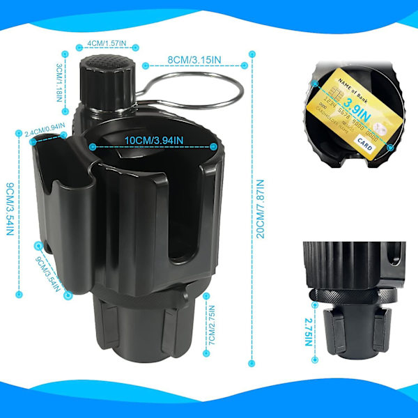 Bilkopholder Udvider Adapter Med Telefonholder (justerbar), Dobbelt Bilkopholder Organizer Passer Til 2,5\"-3,8\" Diameter 18-40 Oz Flasker, Krus, Stor