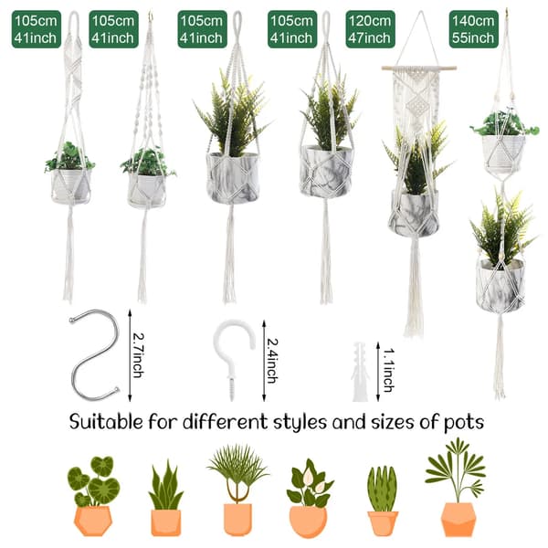 Set med 6 Macrame-hängande korgar, Boho bomullsrep växtkrukor med krokar