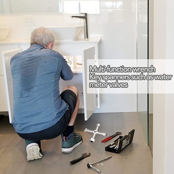 Käytännöllinen avainsarja, messinkinen patteriavain, putkiasennusavain, kolmiokaapin jakoavain, hylsyavaimet pattereille, kaasu-, sähkö- ja vesimittarikaapeille (2 kpl, hopea)