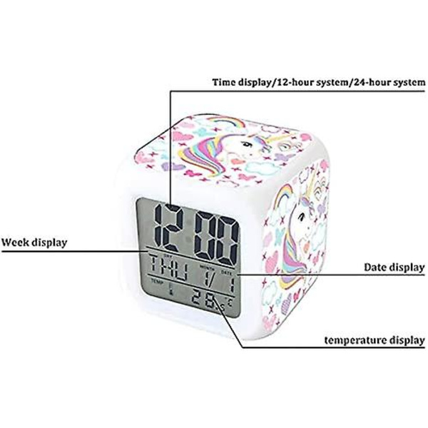 Enhjørning digital alarmklokke, 7 fargeskiftende LED LCD-kube med lys Barnas alarmklokke, nattbord bursdagsgave Jente gutt Dame soverom Voksen (u