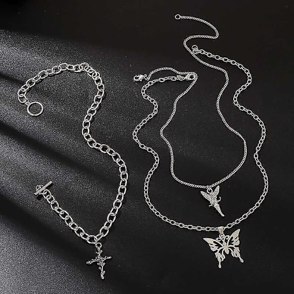 Lagdelt Chunky Kæde Choker Toggle Halskæde Smykkesæt Lagdelt Butterfly Kors Engel Vedhæng Statement Halskæde