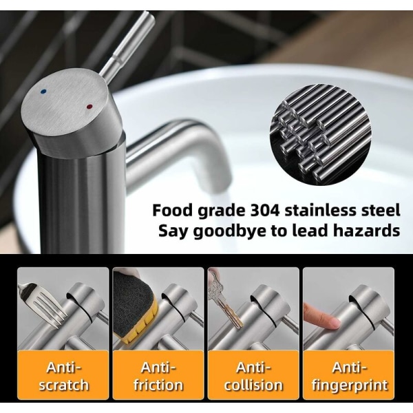 Hög handfatskran, 304 rostfritt stål enhandsblandare, modern badrumskran design med PEX-rör, värme och kyla justerbar