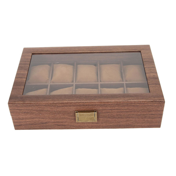 Trä klocklåda display case PU läder förvaringsorganisatör med glas topp avtagbara kuddar Alla hjärtans dag present 10 fack