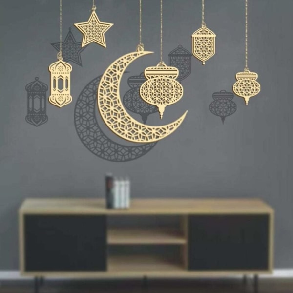Trähänge prydnad 6 stycken Ramadan Kareem dekoration, halvmåne stjärnstil ljus form hänge prydnad för Ramadan Eid Mubarak dekorationer