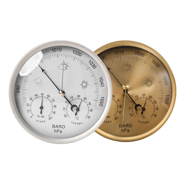 Barometer, väderstation med barometer och termometer, väggtyp 3 i 1 analog väderstation, för inomhus- och utomhusbruk upp till 128MM guld