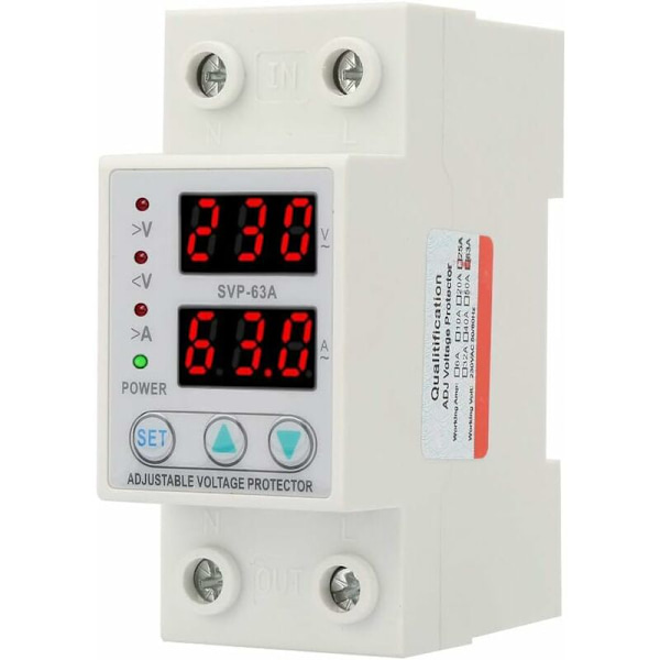 AC230V 63A Strömövervakning Spänningsöver/underspänningsskydd Enhet Dubbel LED-display Enfas Lågspänningsskydd DIN-skena Installation