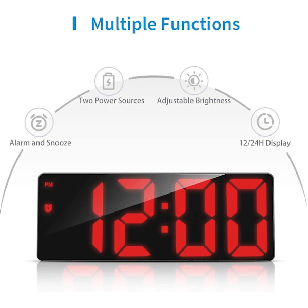 Digital väckarklocka, digital klocka med 3 ljusstyrkenivåer, elektronisk väckarklocka drivs av USB eller 3 AAA-batterier (ingår ej), snooze-väckarklocka