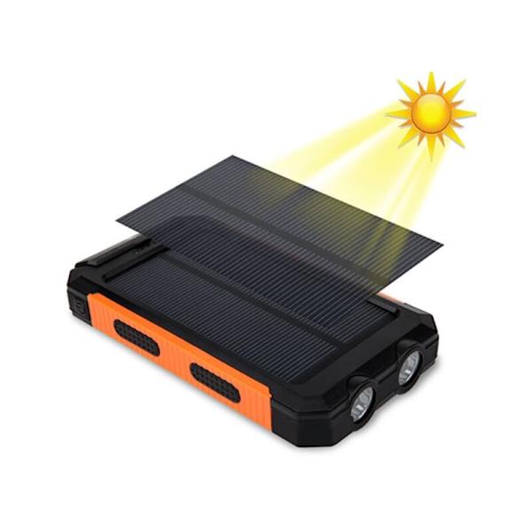 20 000 mAh solcellsladdare, bärbar vattentät powerbank med dubbla strålkastare, 7,7 x 14 x 2,2 cm, svart botten, orange kant