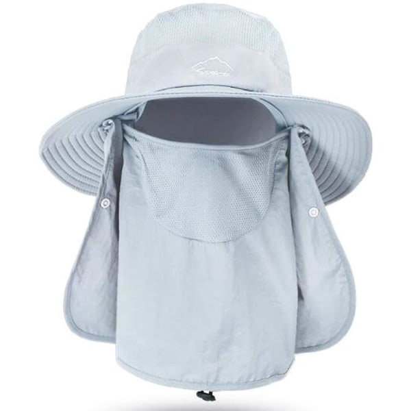 Fiskehatt for menn og kvinner, utendørs Uv-solbeskyttelse Hatt med bred kant med ansiktsdeksel og nakkeklaff（grå）