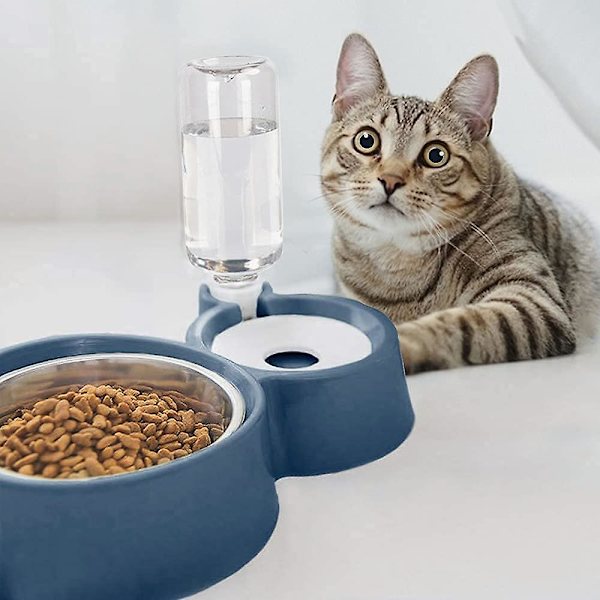 Katt- och hundskål, automatisk 2-i-1-skål för husdjur, tyst vattenbehållare med flaska, skål i rostfritt stål, spillsäker och överfyllningsskyddad dubbelskål (blå)