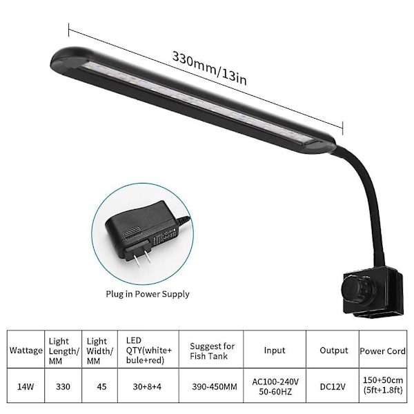 Led-kiinnikevalo 3 tilaa 3h/6h/12h Ajoitettava kirkkaus Säädettävä Maisemavalo Akvaarioille Kalasäiliöille（EU-pistoke 220V）