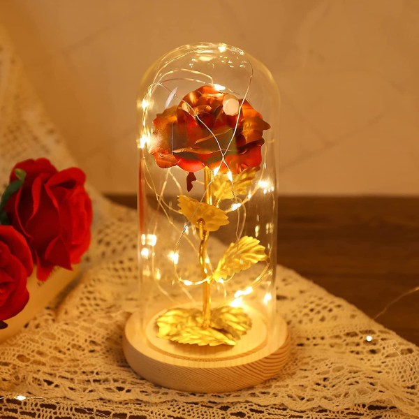 Valentinsgave, 24k rosegave til hennes kvinner/kone/mamma/kjæreste Galaxy Eternal Rose Flower kunstige roser i glasskuppel med LED-lysstripe