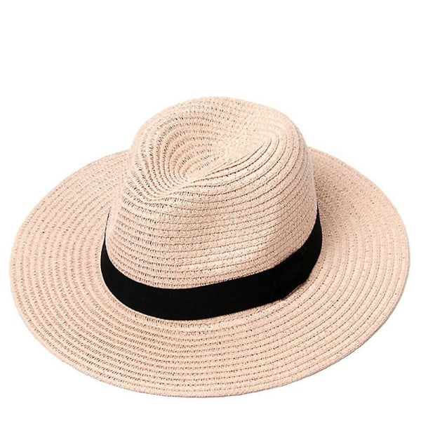 Bredbremmet stråhatt for kvinner, Fedora, Beach Sun Hat Upf50 + (rosa)