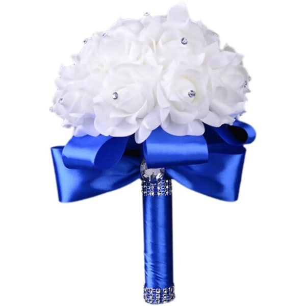 En blå buket til brudepiger med diamantblødt bånd, faux pe rose brudeblomster (diameter: 8,26"h: 10")