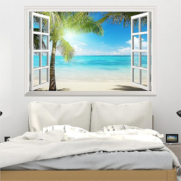 Tropisk øystrand, sommer 3d vindusutsikt veggklistremerke plakat klistremerke, 1 stk