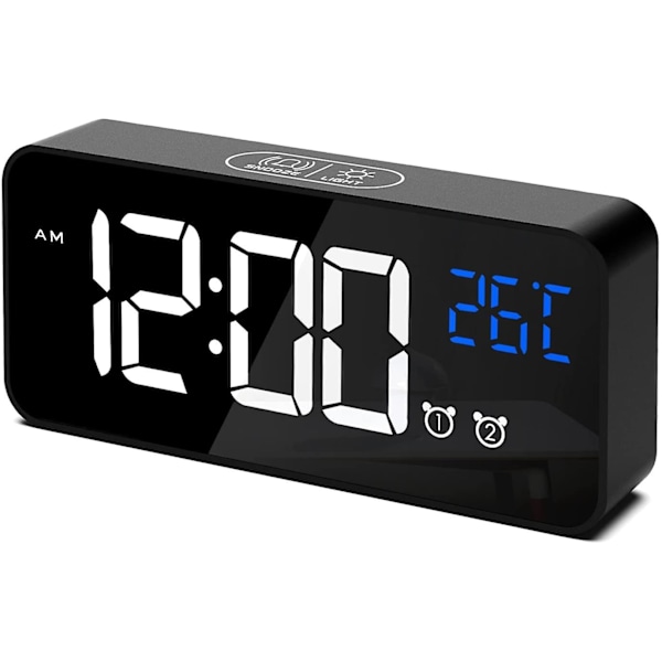 Digital Alarm Clock, LED Digital Clock Alarm Temperature/Snooze/2 Alarms/12/24 Hours/USB Charging Port/16 Songs (Black) (Black)