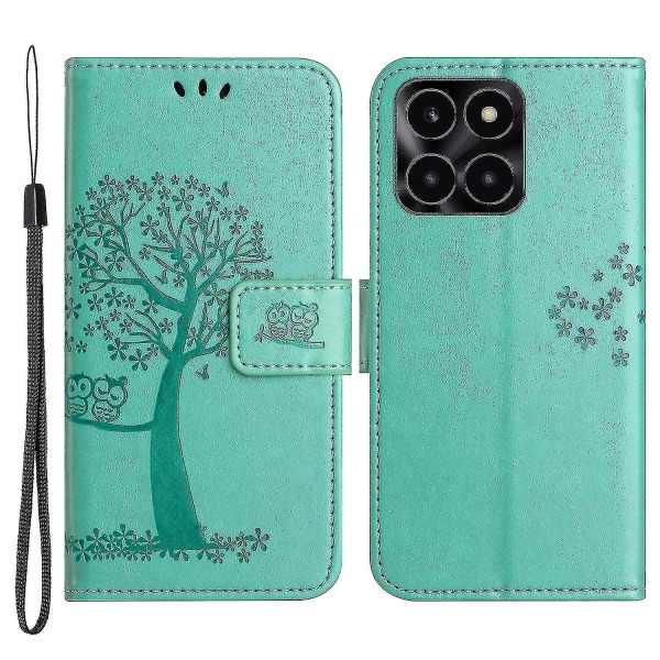 For Honor X6a 4g Owl Tree Imprinted Pu Læder Stand Wallet Case Fuld beskyttelse Telefoncover -xx（Cyan）
