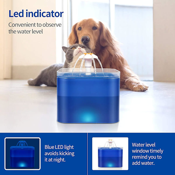 Automatisk vattenfontän för husdjur, automatisk dispenser kompatibel med 2 l katt hund, fyrfaldigt filtreringssystem, med LED-ljus och synligt fönster