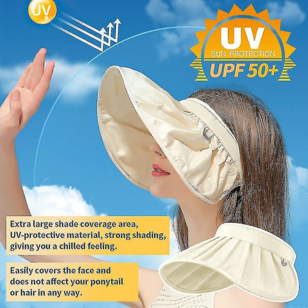 Solskjermer for kvinner, Upf50+ sammenleggbar bredbremmet Uv-beskyttelse visirhatter for stranden