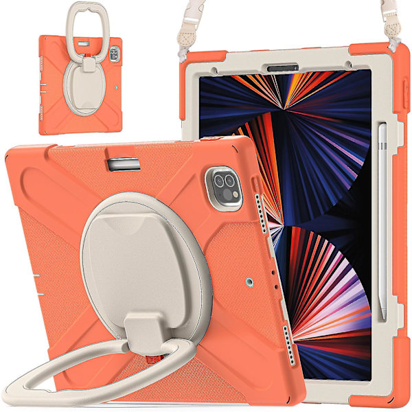 Nytt fodral för iPad Pro 12,9 tum 2021 med axelrem, roterande stativ, pennhållare (korallorange)