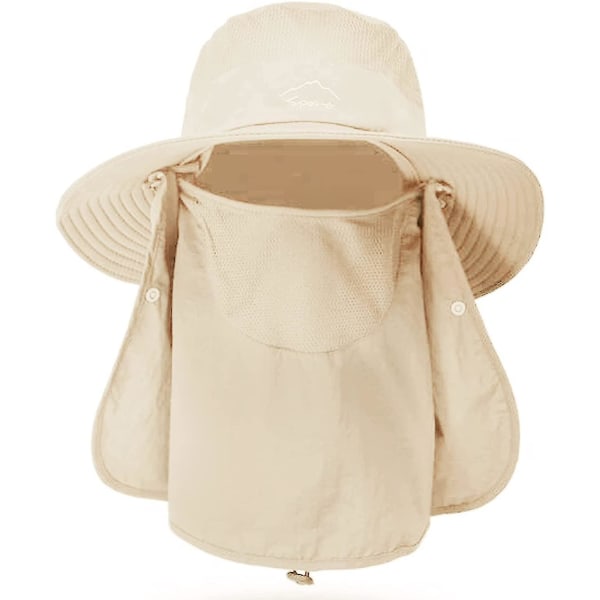 Fiskehat til mænd og kvinder, udendørs Uv-solbeskyttelse Hat med bred skygge med ansigtsdæksel og nakkeklap（beige）