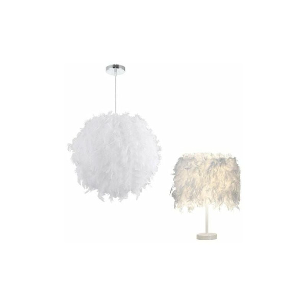 Cham ljuskrona hängande lampskärm fjäderlampa 30cm + vit fjäder bordslampa 20cm