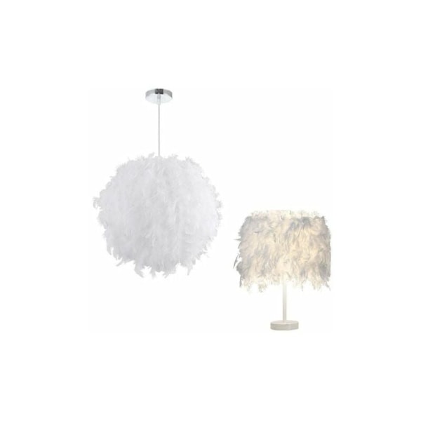 Cham ljuskrona hängande lampskärm fjäderlampa 30cm + vit fjäderbordslampa 20cm