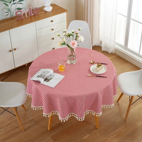 120 cm tofsgard duk, rund duk gjord av polyester bomull, för matbord, soffbord, trädgårdsbord (rött rutmönster)