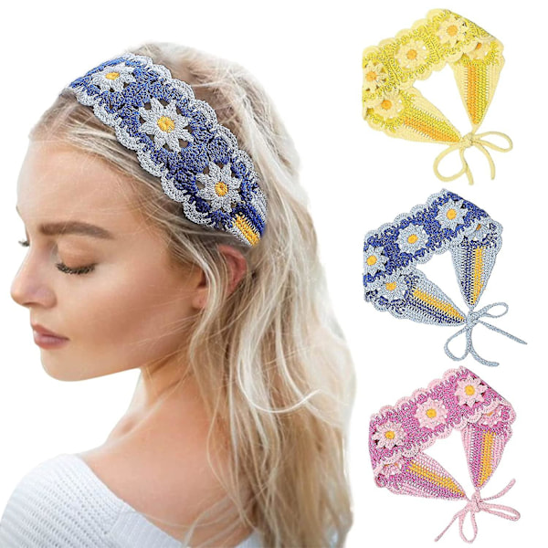 3 stk/pakke Heklede pannebånd for kvinner, håndlagde strikkede hårbånd, Boho heklede hodebånd for jenter, blomstermønster (gult og blått og rosa)