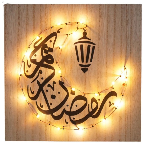 Ramadan trä hängande led ljus fyrkantig hänge prydnad vägg diy heminredning