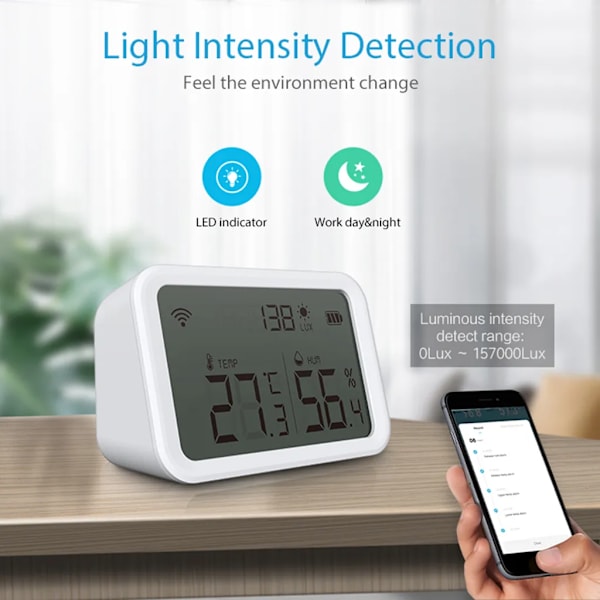NEO Coolcam Tuya WiFi Smart Temperatur- och fuktighetssensor Ljusstyrka detektor inomhus hygrometer termometer med LCD-display