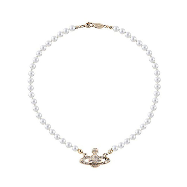 Kvinners perleplanet farget ol anheng halskjede perlekjede rhinestones choker (gull)