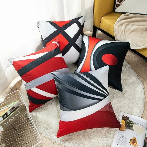 Kuddar, kuddfodral-modern-röd-grå ränder-i oljad akryl-grå-dekorativ-fyrkant-45 x 45 cm, 4 st.