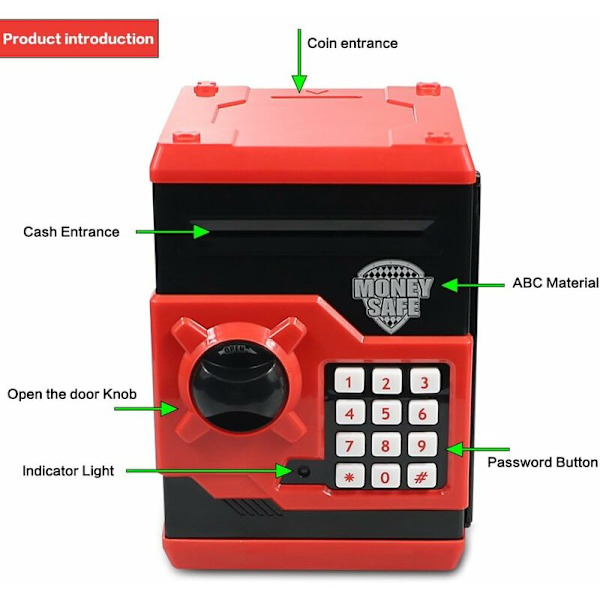 One Piece Mini Automatisk Elektronisk Sparbössa med ATM-Lösenord Kreativt Säkerhetsskåp för Barn Barn Födelsedagspresent Jul Leksak (Röd) - 18,5x12,5x12cm