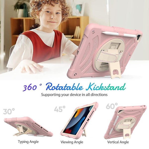 Färgglatt fodral för iPad 10,2 tum 2019 2020 med axelrem, handrem, justerbart stativ, fallskyddsskydd (rosa)