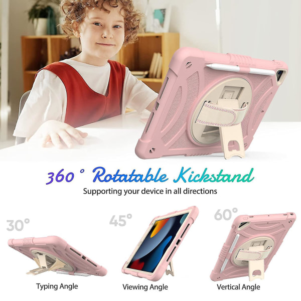 Farverig Etui Til Ipad 10.2 Tommer 2019 2020 Med Skulderrem, Håndrem, Justerbart Stativ, Faldbeskyttelsescover（Rose Pink）