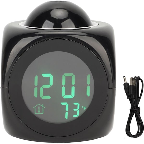 Projektionsklocka, LED-display, projektionsväckarklocka, mini rösttidtagning digital klockprojektor med USB-kabel, svart