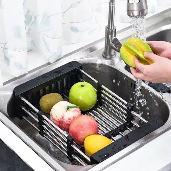 Diskställ, Diskhoavrinning, Teleskopisk Diskställ i Rostfritt Stål, för Diskning i Diskho, Avrinning av Frukt och Grönsaker (Svart)