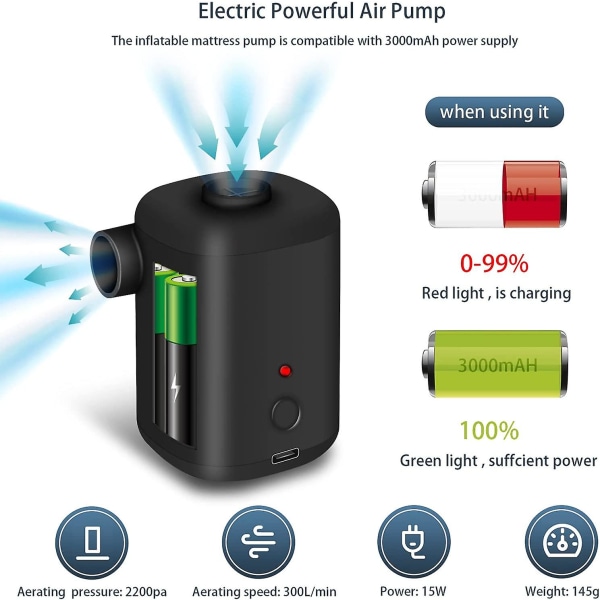 Elektrisk pumpe 2 i 1 bærbar trådløs USB genopladelig oppustelig og deflator, mini luft pumpe med 5 dyser til madras, campingpude, båd, svømning